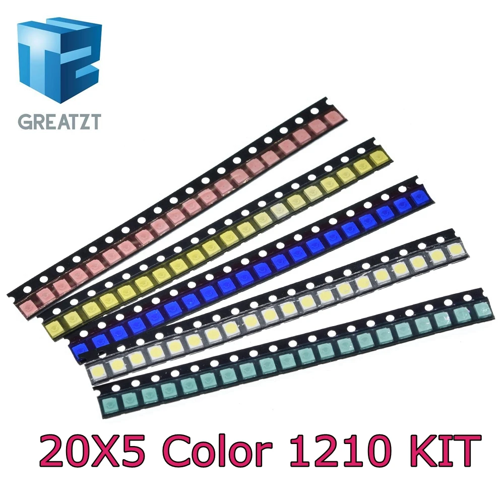 Фото GREATZT 100 шт./лот, 5 цветов, светодиоды SMD 1210, набор для самостоятельной сборки, ультраяркие красные/зеленые/синие/желтые/белые прозрачные светодиоды, комплект диодов №1