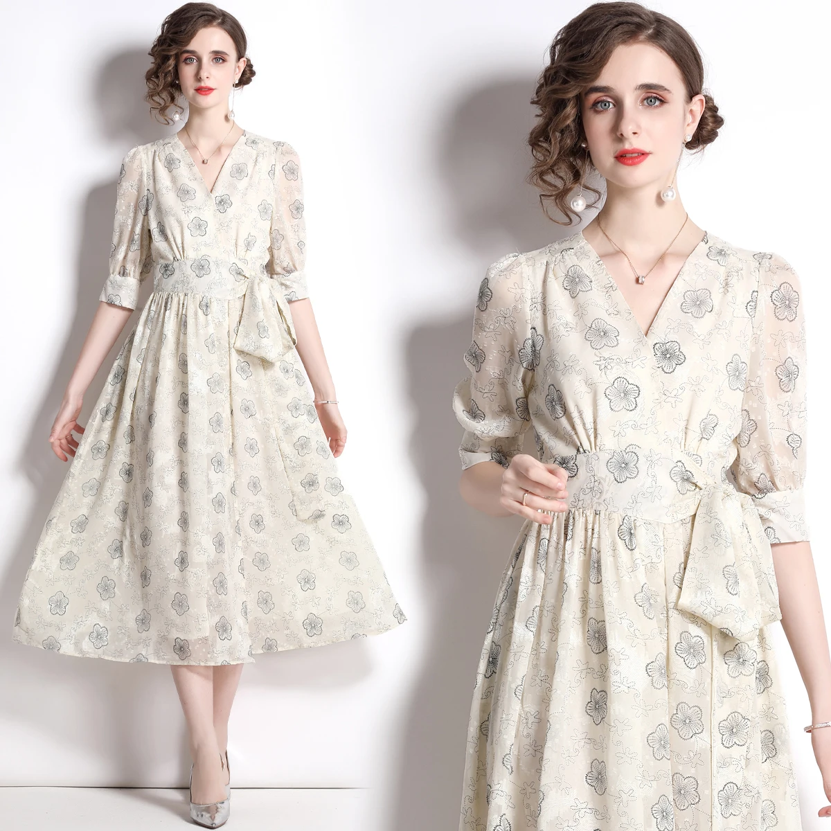 

2022 Summer New Women's V-neck 5 / 4 Sleeve Embroidered Jacquard Retro High Waist Thin Meat Concealing Fashion Holiday Dress