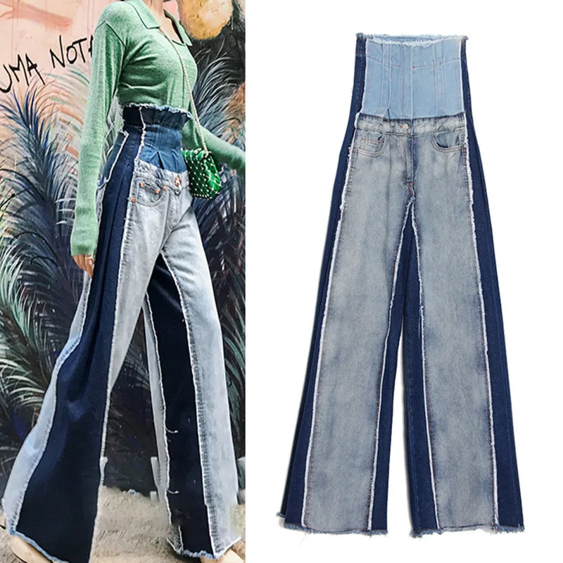 

Patchwork High Waist For Female Denim Pants Slimming Hit Color Wide-legged Straight Trousers Fashion Streetwear