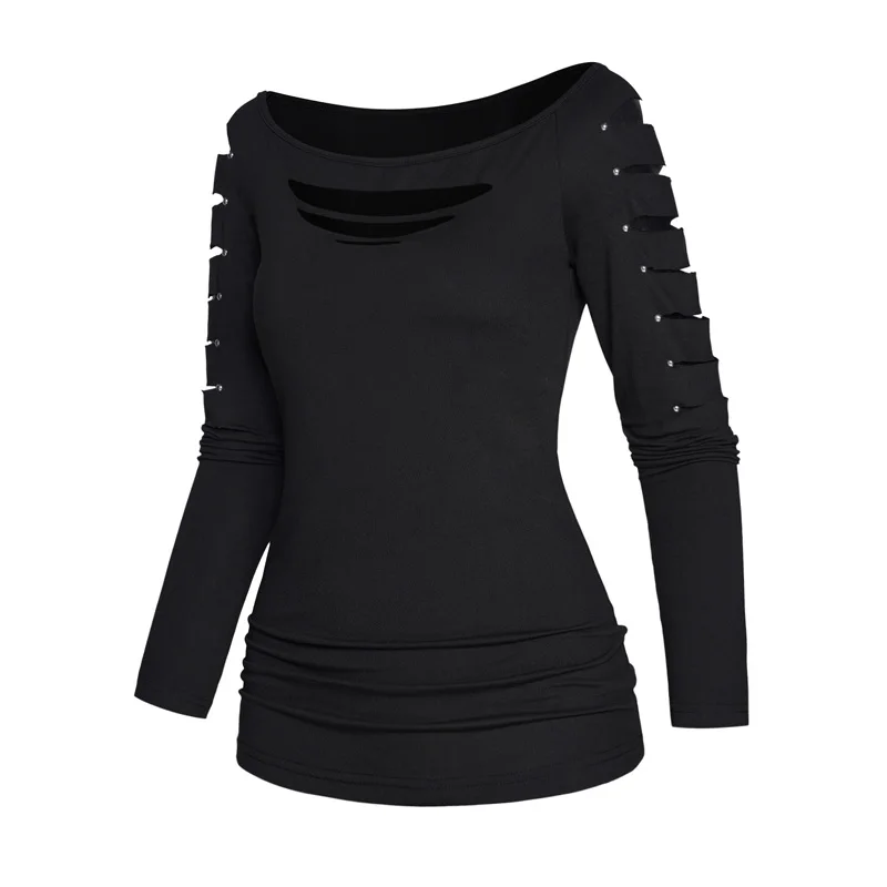 

Plain Color Cut Out Top Rivet Off The Shoulder Long Sleeve Casual Top Sexy Women New Solid Black Slim Tee For Spring