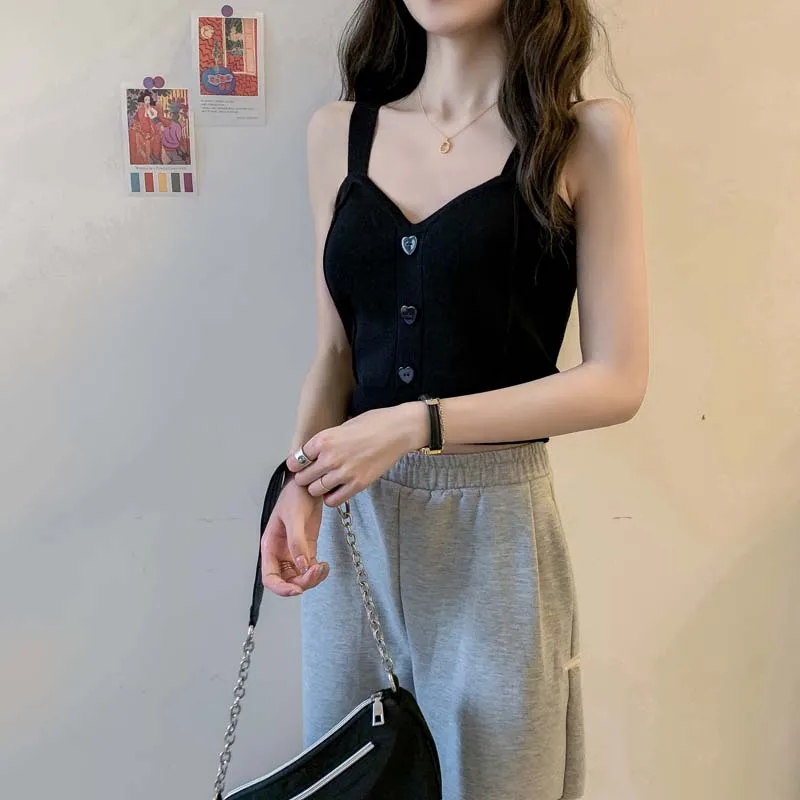 Boring Honey Single-Breasted Button V-Neck Chic Short Top Women Spring And Summer Sling Vest Knitting Fashion Clothes |