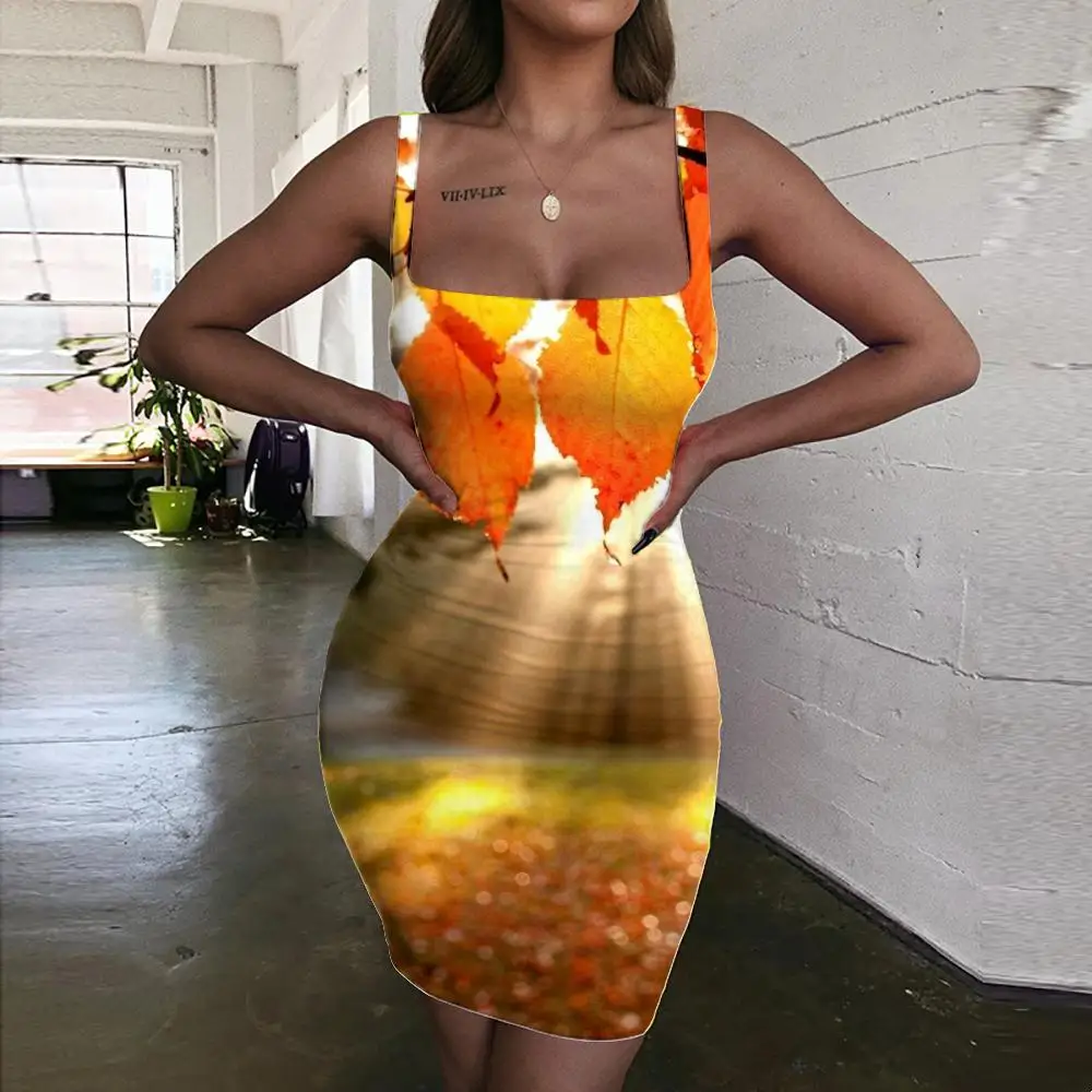 

KYKU Brand Landscape Dress Women Leaves Vestido Sexy Sunset Ladies Dresses Womens Clothing Mini Evening Beach Boho Femme