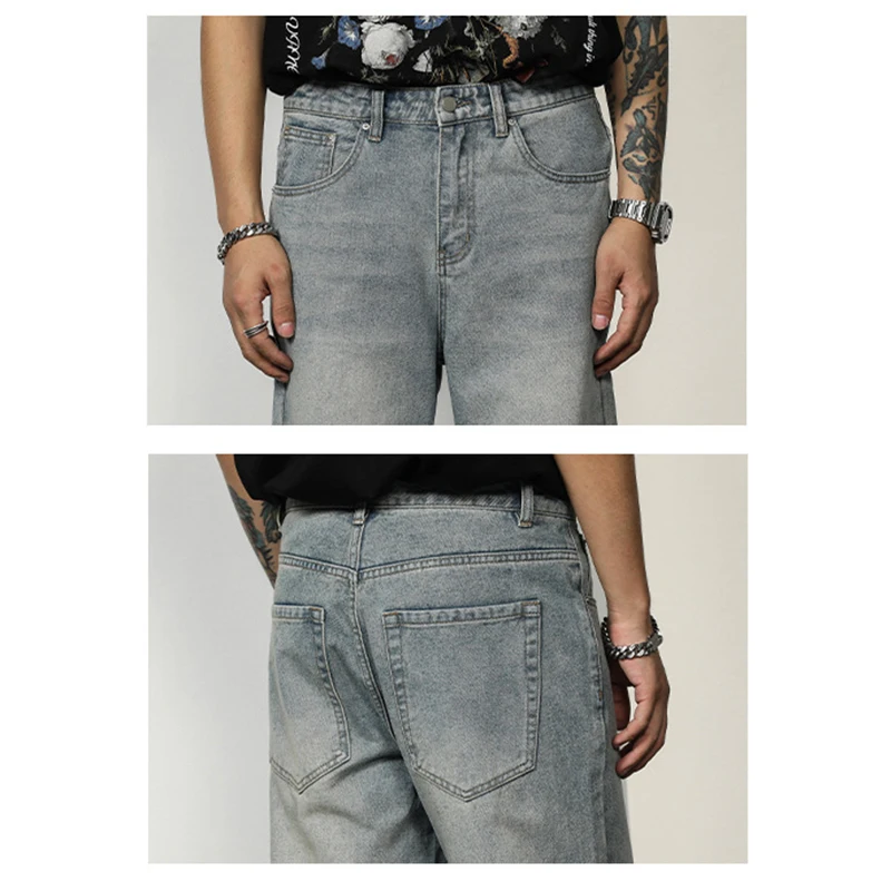 Fashion men's spring and autumn jeans men's vibe style high street retro drape American loose straight mop trousers ins hot sale