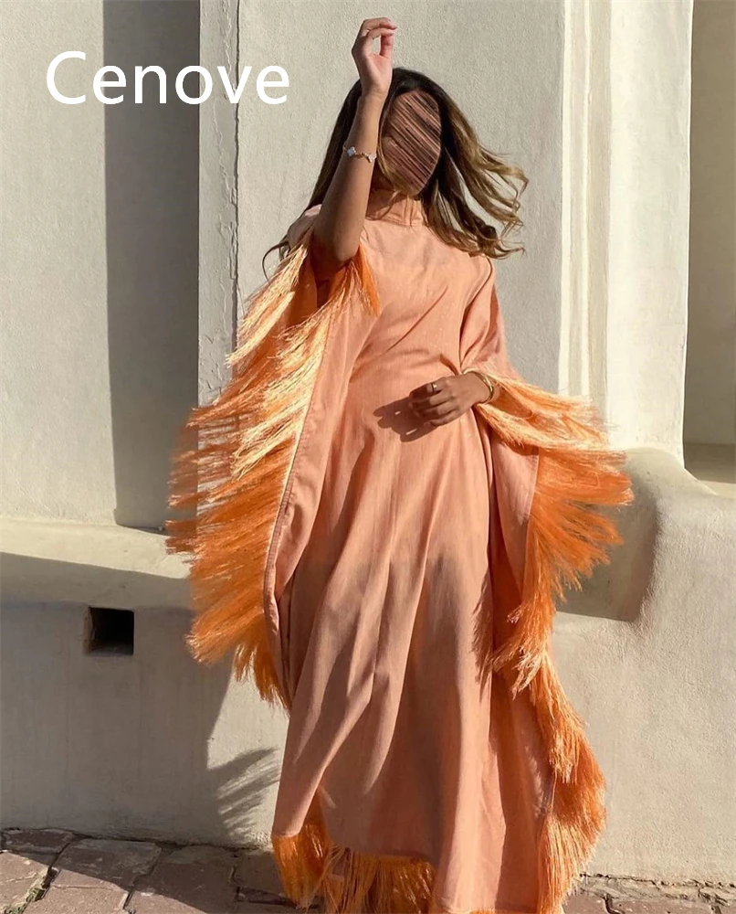 

Cenove Orange High Nekline Prom Dress Floor-Length With Long Sleeves Evening Summer Party Dress For Women2023