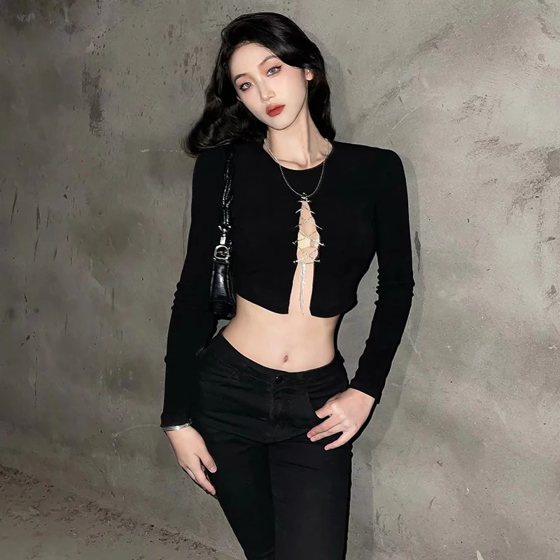 

Versatile European and American Style round Neck Long Sleeve Slim Fit Hollow-out Short Navel Sexy Black Top T-shirt for Women