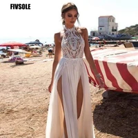 fivsole 2022 halter beach chiffon wedding dresses lace appliques a line boho bridal gowns sexy side split vestidos de novia