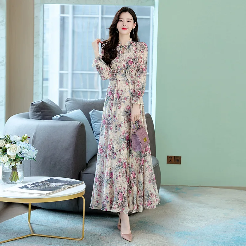 Muslim Spring Autumn Floral Chiffon Ruffled Collar Maxi Dress Women Chic Casual Beach Dresses 2023  muslim long dress women