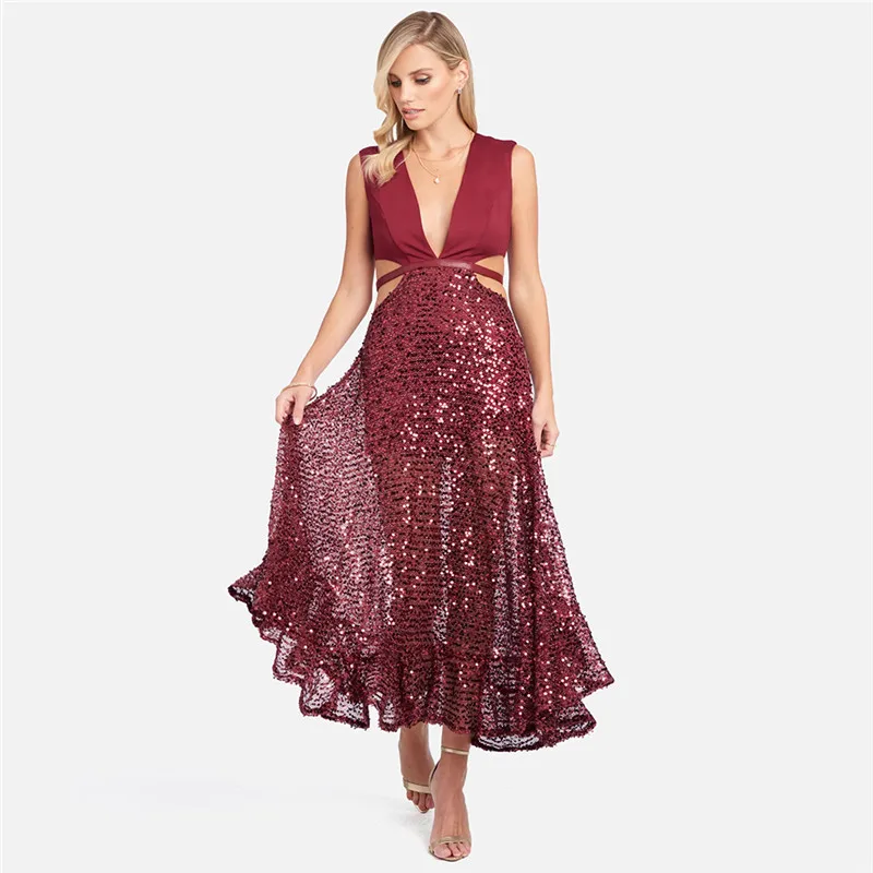 

Внешняя торговля, новое винно-красное платье с глубоким V-образным вырезом, сексуальное приталенное вечернее платье с блестками