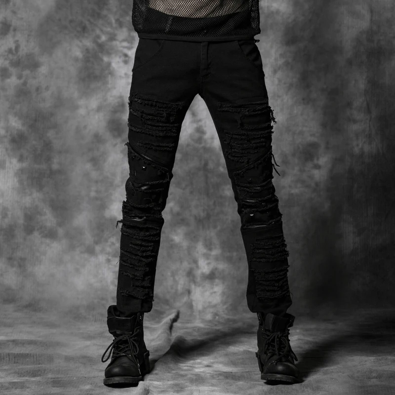 PUNKRAVE Men's Pants Gothiic Daily Skinny Personality Fashion Broken Hole Slim Fit Casual Long Pants
