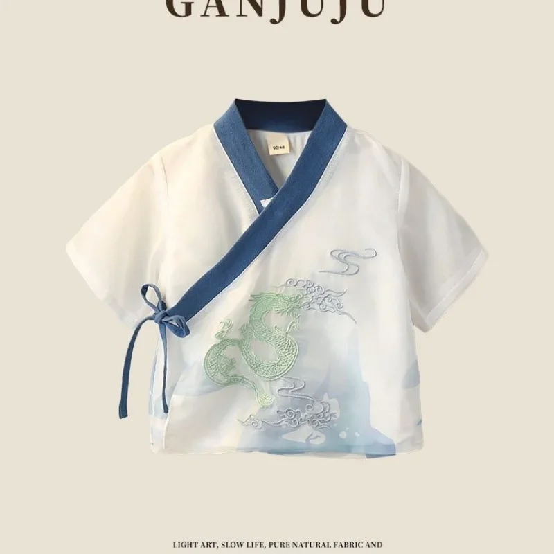 Высококачественный летний хлопковый сетчатый костюм Тан с вышивкой дракона