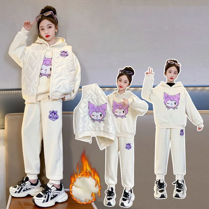 

Sanrio Vest Three-Piece Tops Kuromi Kawaii Cartoon Anime Cute Student Plush Thicken Warm Sport Two Piece Set Birthday Gifts Girl