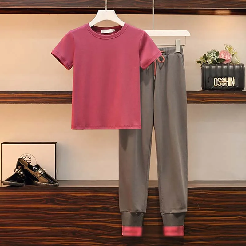 

Женский спортивный костюм из двух предметов, розовая Однотонная футболка с круглым вырезом и коротким рукавом и широкие брюки с буквенным принтом, летний комплект для женщин