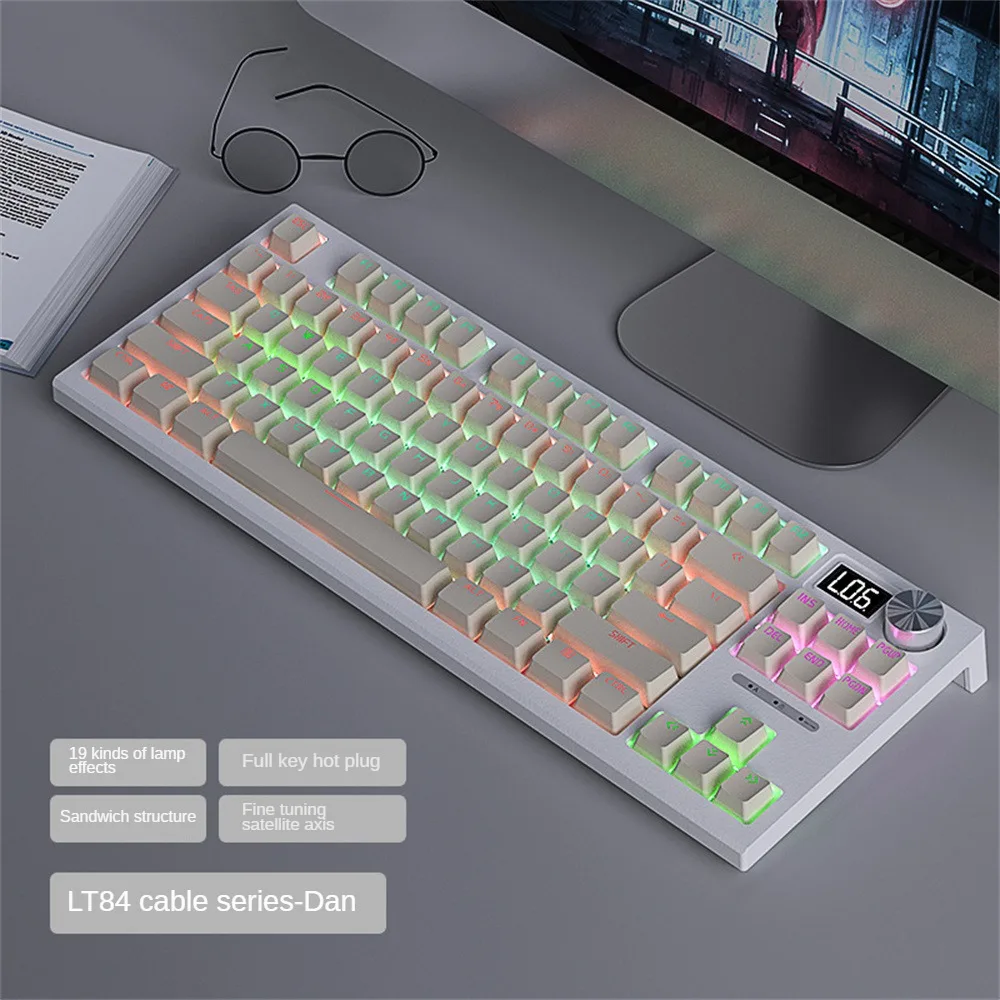 

LT84 84-Key RGB Lighting Effect Wireless Mechanical Keyboard Hot-Swappable 2.4G/BT5.0 Type-C Wired Mechanical Gaming Keyboard