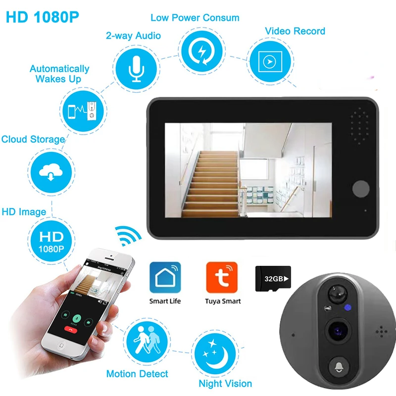 

Video Door bell Smart Home Peephole Doorbell 1080P Camera wifi 4.3 Inch HD Night PIR wireless call chime For IOS Andriod