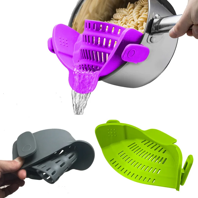 

Silicone Kitchen Strainer Clip Pan Drain Rack Bowl Funnel Rice Pasta Vegetable Washing Colander Draining Excess Liquid