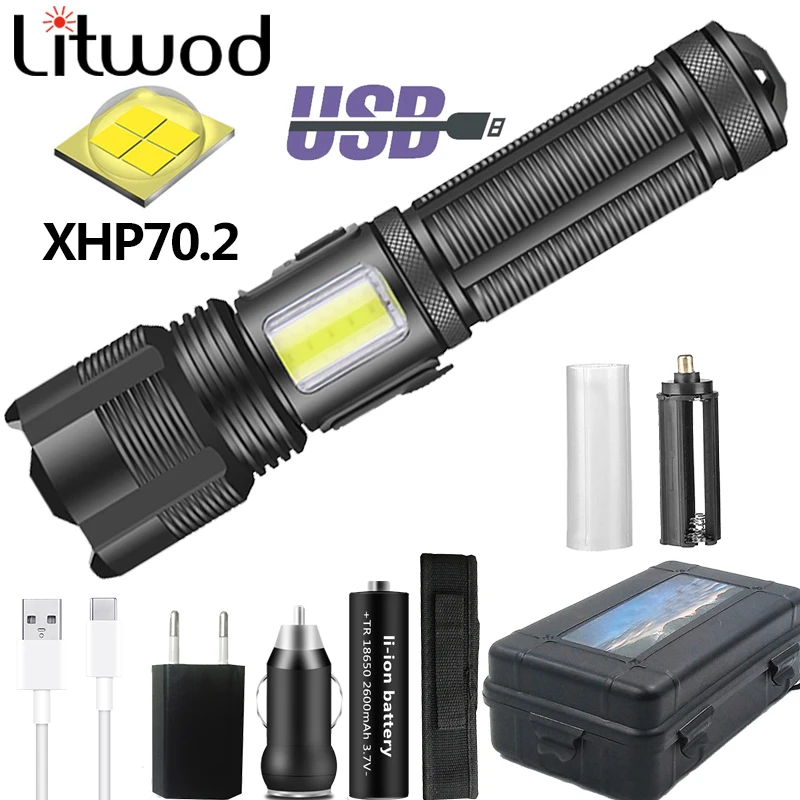 

Litwod Led Flashlight XHP70.2 Super Bright 500,000LM Torch Camping Hunting Light Aluminum Alloy Waterproof Zoomable Lantern Lamp