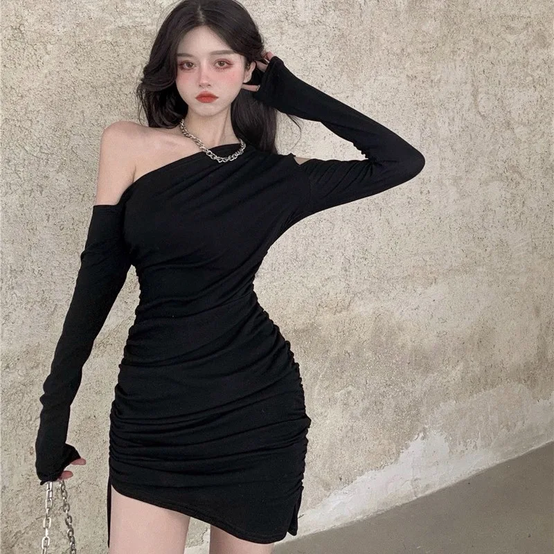 

One Shoulder Dress Bodycon Mini Dress Solid Color Long Sleeve for Women Sexy Slim Ulzzang Cosy Dresses