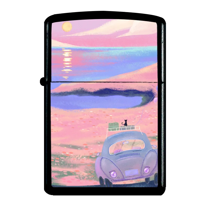 

Sweet Cartoon Cat Lakeside Scenery Pink Flower Car Colorful Painted Outer Alloy Protect Shell Gasoline Lighter Case Lady Gifts