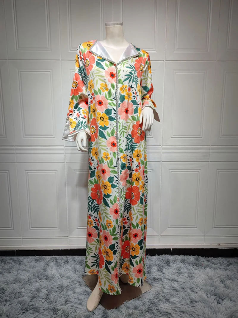 Floral Kaftan Arabic Long Dress Women Diamonds Trimming Muslim Evening Dresses Gulf Jalabiya Moroccan Party Cafatan  Abaya 2023