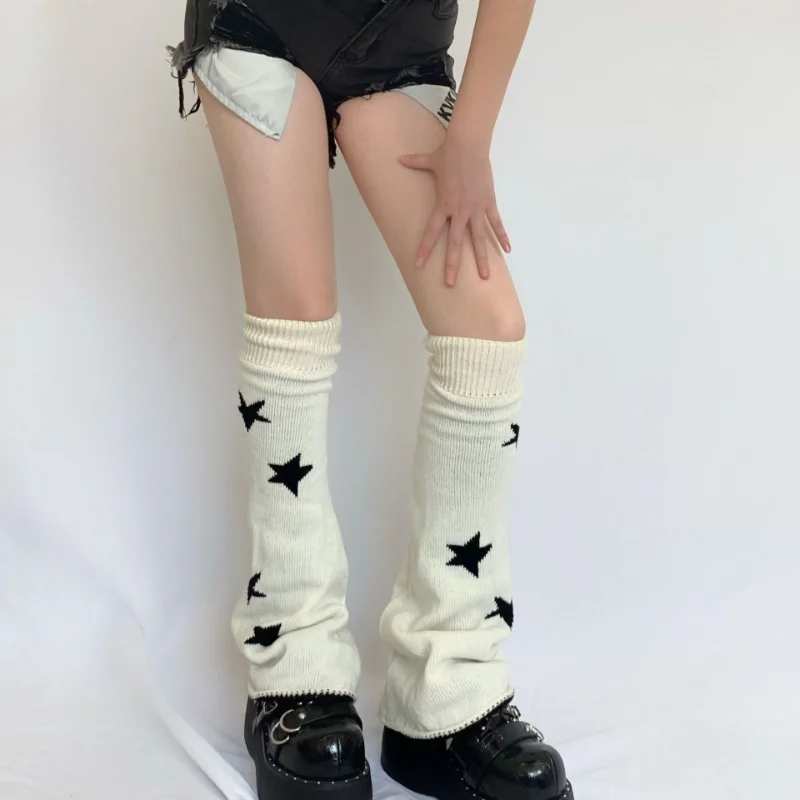 Women's Leg Warmers Knitted Warm Thigh High Socks Lolita Long Socks Five Pointed Star Printing Style Bunching Crochet Calf Socks