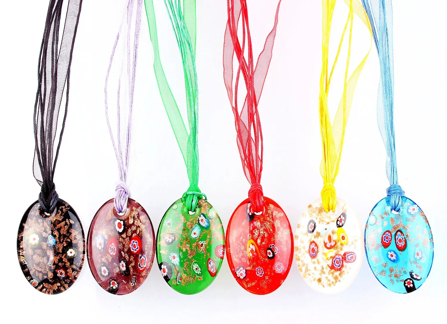 

Hot Wholesale 6Pcs Handmade Murano Lampwork Glass Mixed Colorful Gold Sand Drop Millefiori Pendants Charms Necklaces