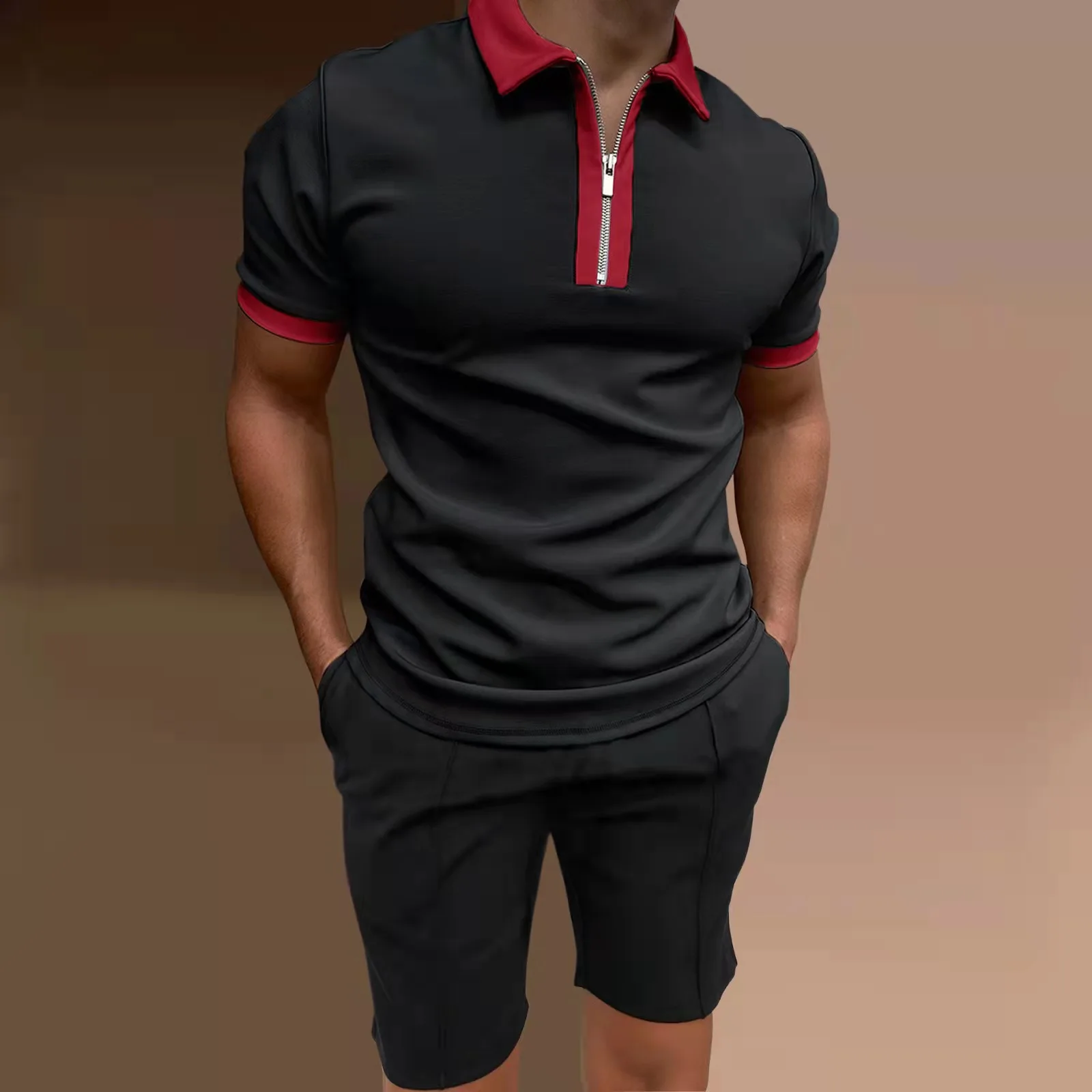 2023 Plus Size Summer Men's Activewear Solid Short Sleeve Zip Polo Shirt and Shorts Set Men's Casual Streetwear 2pcs