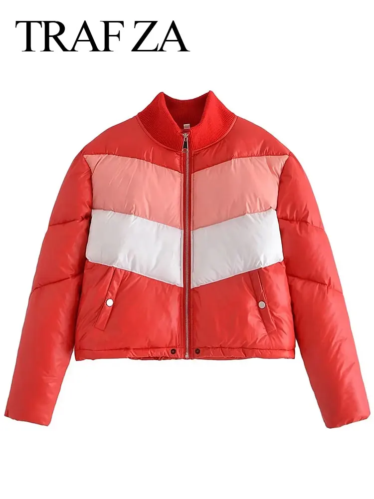 

TRAF ZA New Red Gradient Solid Color Winter Lady Long Sleeve Jacket Warm Loose Comfortable Zipper Pocket Women Thermal Jacket