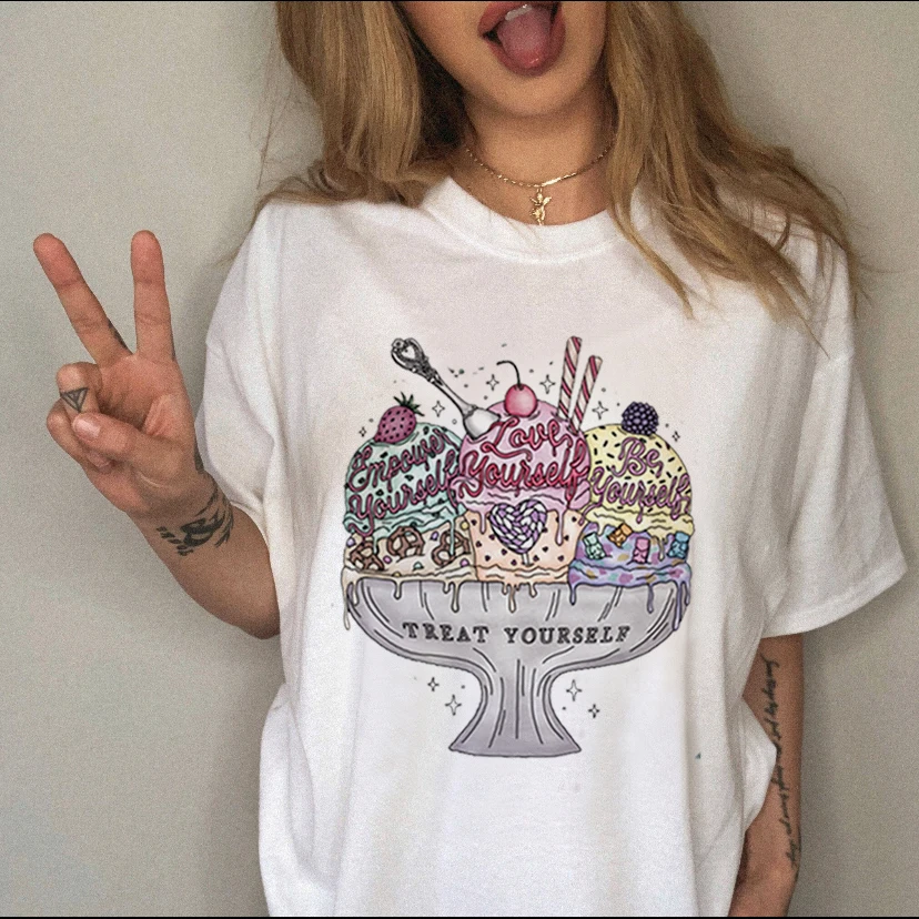 

Kawaii White Loose Round Neck Printing Short-sleeved Trend Casual Retro T-shirt Clothes Women's T-shirt Women's Printed T-shirt.
