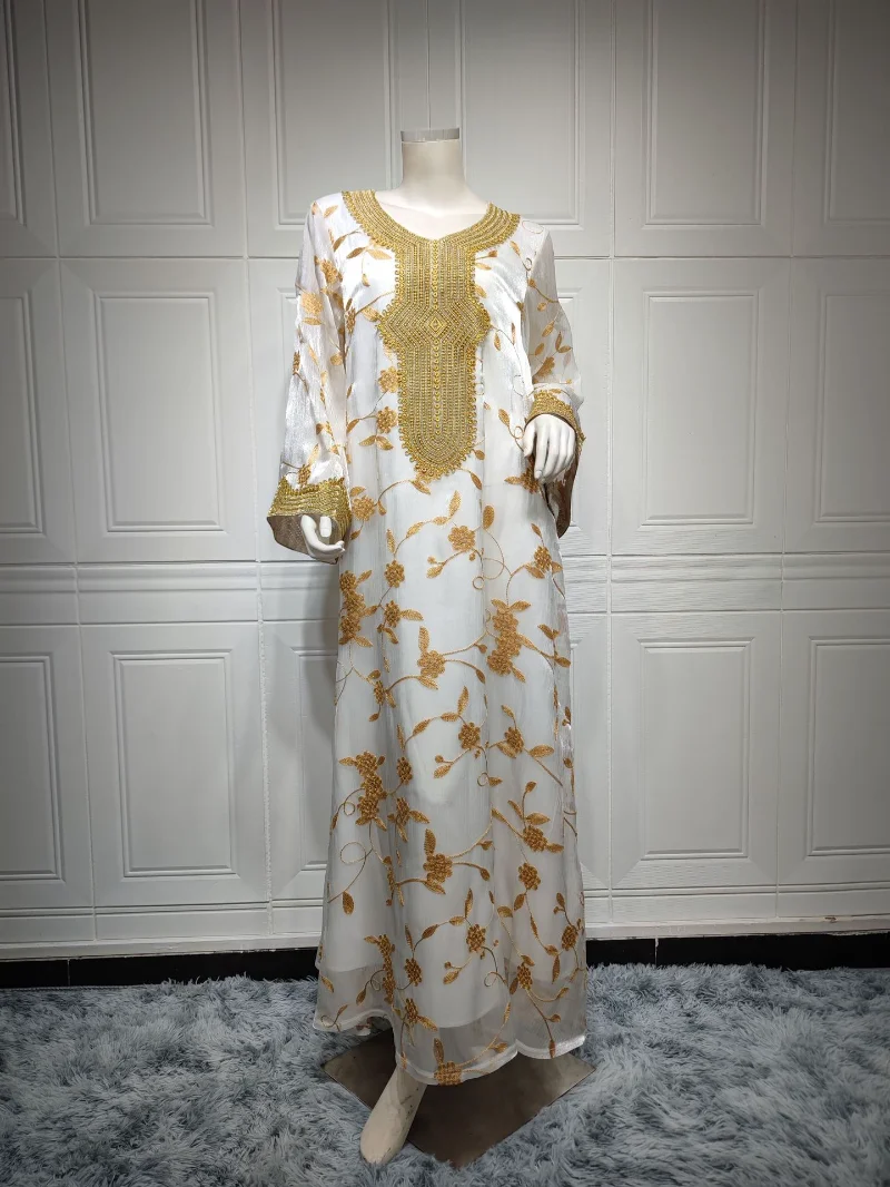 2023 Middle East Dubai Muslim Gown Dress Gauze Skirt Embroidered Gold Lace Gown Loose Gorgeous Evening Dress