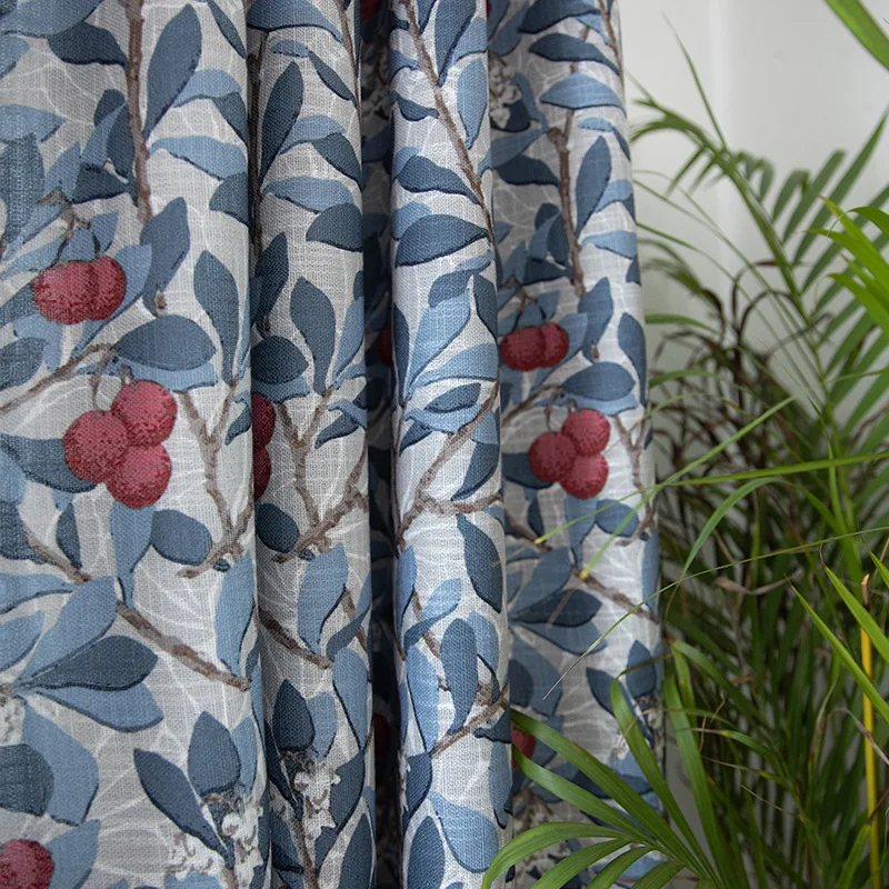 Yangmei Red American Curtains for Living Dining Room Bedroom Retro Printed Blue Plant Flowers Cotton Linen |