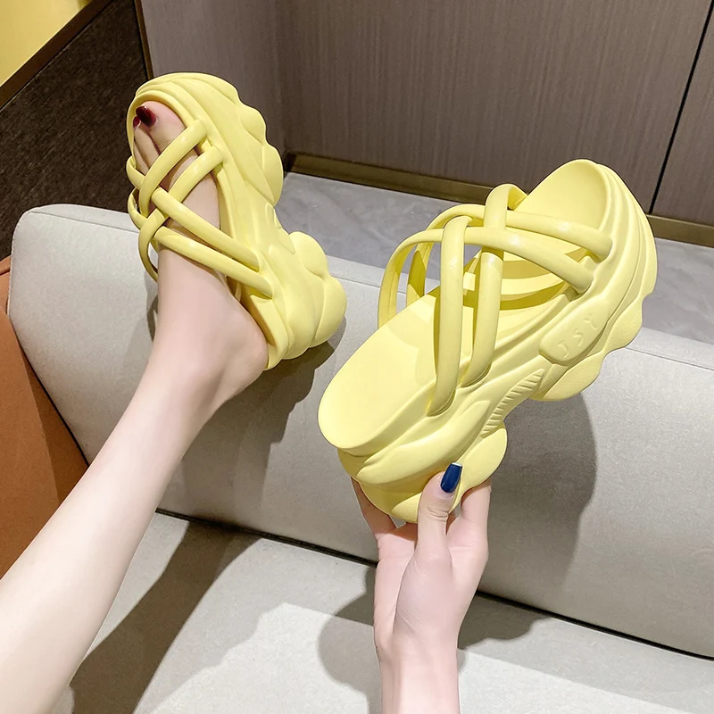 

House Slippers Platform Women Luxury Shoes Pantofle Slides On A Wedge Heeled Mules Designer Summer Soft 2022 High Rome PU Fabric