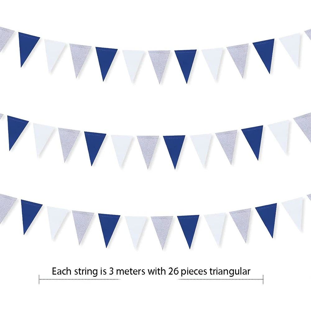 Royal Navy Blue White Silver Party Paper Triangle Flag Pennant Banners Birthday Nautical Ahoy Anchor Pirate Theme Party Supplies images - 6