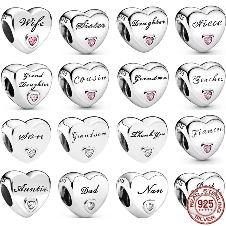 NEW Silver 925 Daughter Sister Wife Cousin Uncle Heart Charm Bead Fit Original Pandora Bracelet Jewelry Making For Women Gift