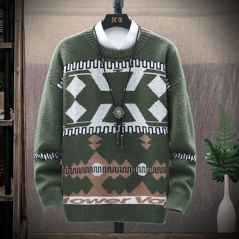 

Мужской вязаный свитер с принтом, зима 2021, Повседневный пуловер с длинным рукавом, зеленые свитеры, мужская одежда