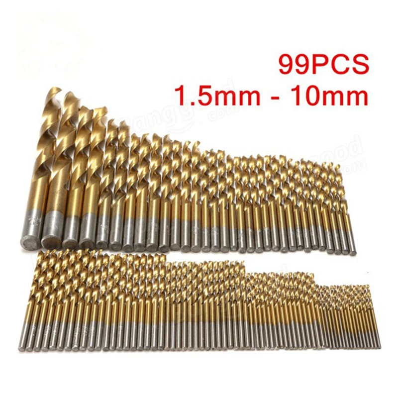 

99Pcs 1.5mm-10mm High Speed Steel Titanium Coated Straight Shank Twist Drill Set Drill Bit Woodworking Hole Set
