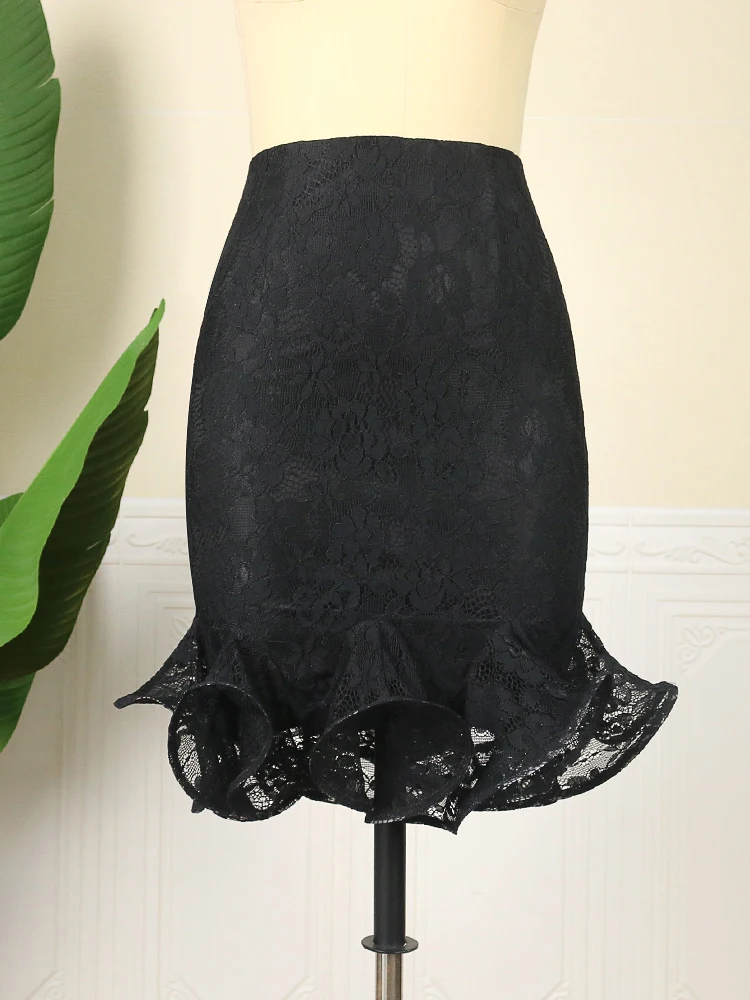 Black Lace Skirts Plus Size 3XL 4XL High Waist Women Ruffles Evening Birthday Cocktail Party Outfits for Ladies 2022 Summer New