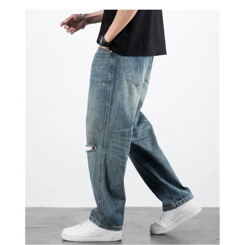 Men Clothing New Pattern Recreational Vintage Broad Leg Blue Ripped Jeans Straight Cylinder Large Loose Cargo Pants Autumn Women
