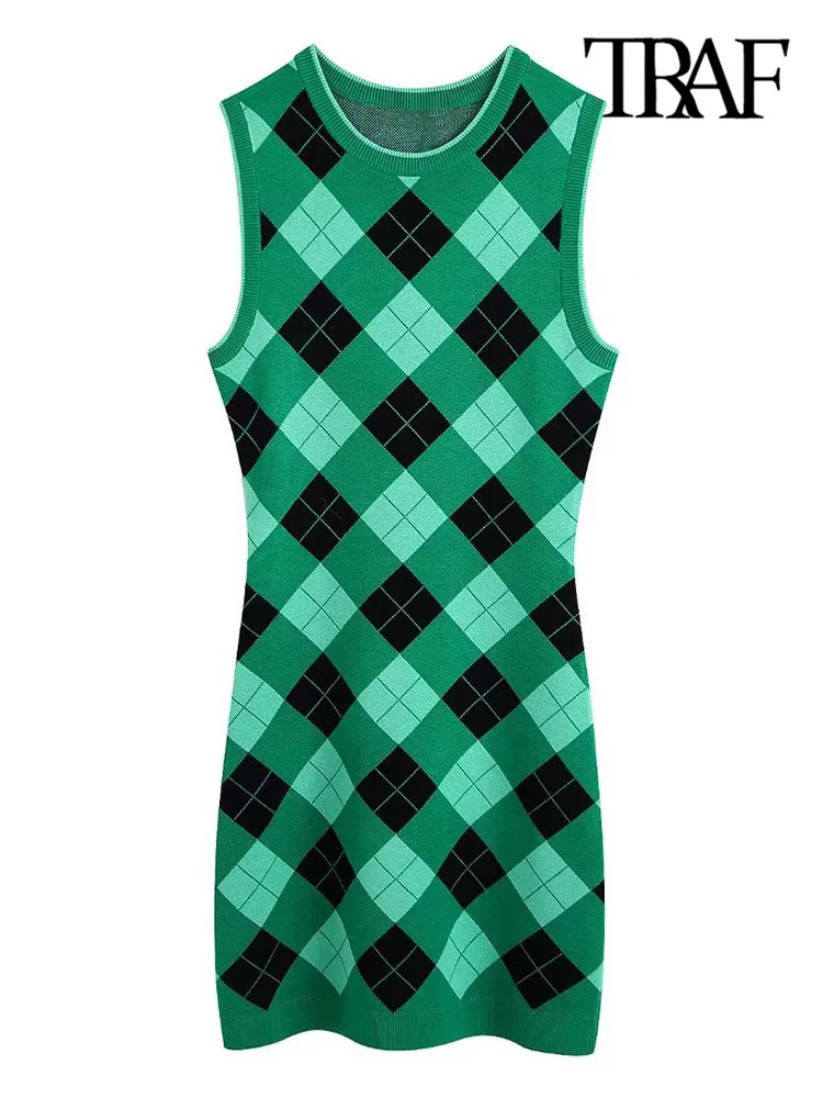 

TRAF Women Fashion Fitted Argyle Knit Mini Dress Vintage O Neck Sleeveless Female Dresses Vestidos Mujer