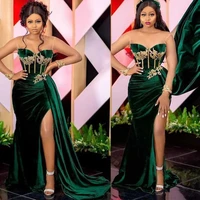 2022 emerald green african prom party dresses sexy slit sweetheart arabic aso ebi velvet plus size evening occasion gown