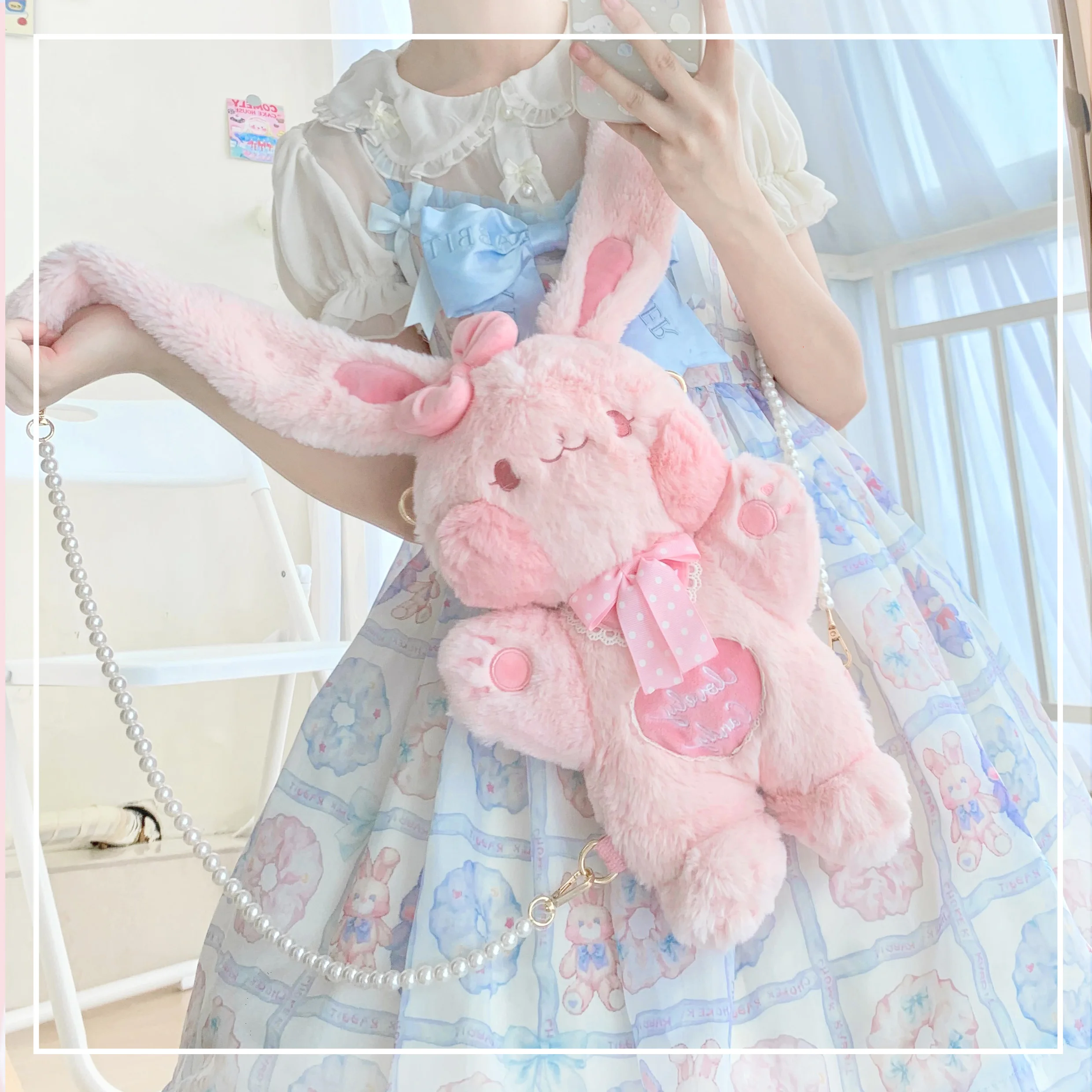 

Kawaii Lolita Girl Pink Long Ear Rabbit Cosplay Plush Doll Handbag Shown Itabag Kawaii Backpack Handmade Women Messenger Bags