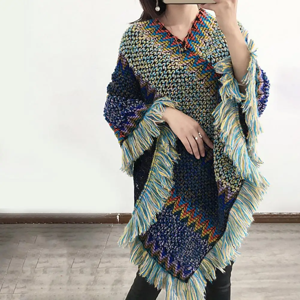 

Temperament Cloak Coat Knitwear Autumn Knitted Coat Knitted V Neck Colorful Irregular Hem Cloak Coat Sweater Tassel