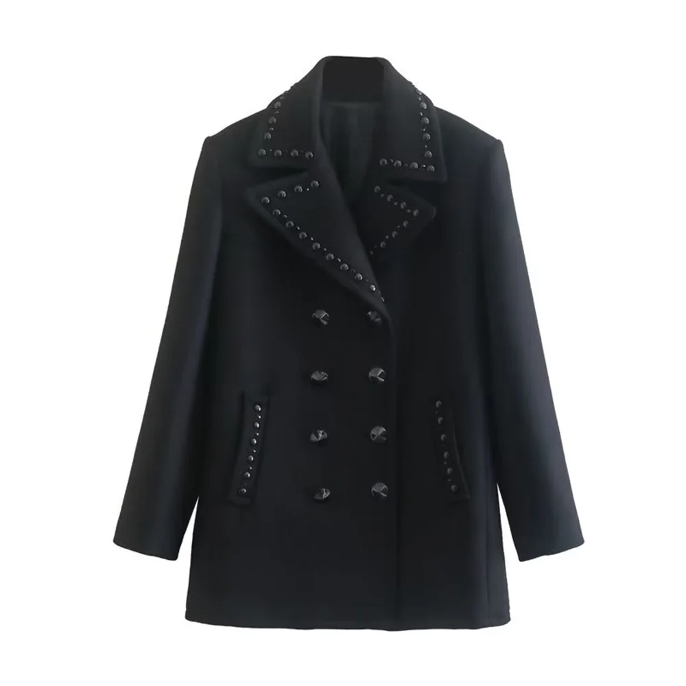 

PB&ZA WOMAN 2022 Fashion Double Breasted Blazer Vintage Rivet Long Sleeve Jacket Wool Blend Ladies Coat Chic Top Mujer 8539744