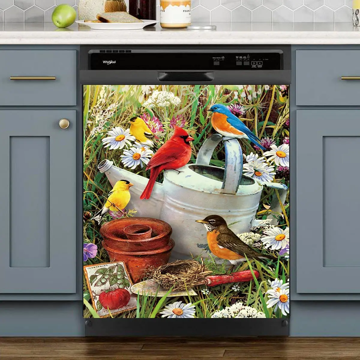 

Colorful Garden Birds Kitchen Dishwasher Stickers Home Decor, Flowers Cabinet Stickers, 23 W x 26 H inches(Magnetic)
