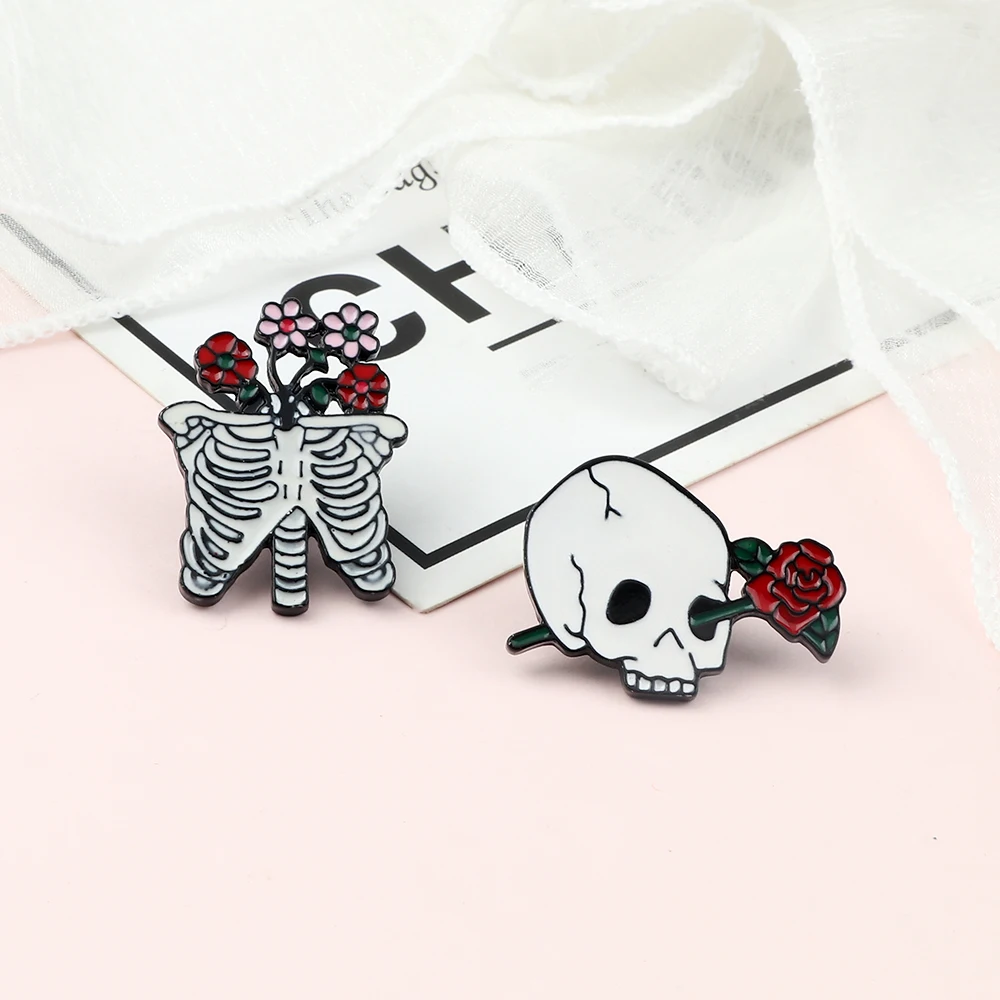2-3Pcs Rose Skull Enamel Pins Set Halloween Ghost Skeleton Brooches PS Ai Icon Badges Cute Milk Cats Lapel Pin Kids Jewelry Gift images - 6