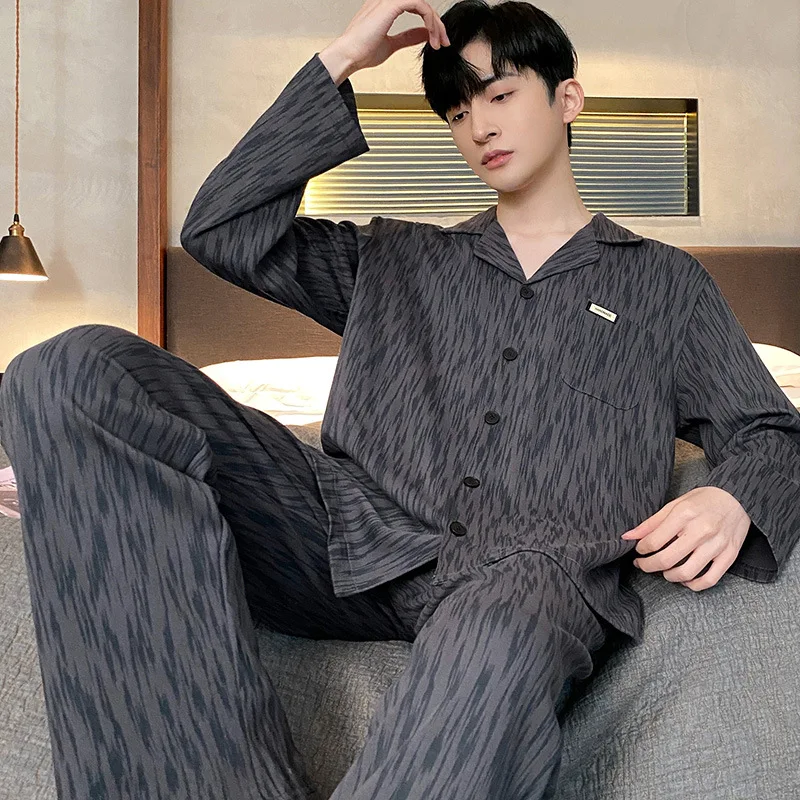 Cotton Pajama Suit Men Cardigan Tops + Trousers Pocket Spring Autumn Long Sleeve Youth Loose House Nightshirt Pant Suit Homewear