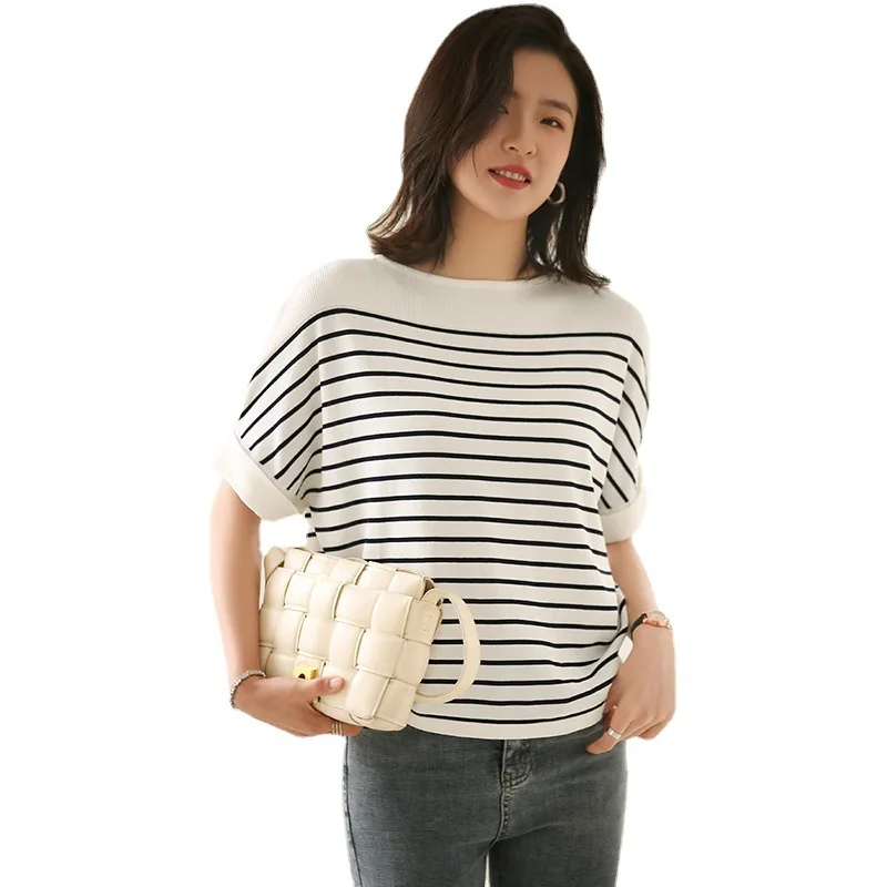 

Summer Casual Striped Solid Color Women T-shirt Vintage Loose O-Neck Short Sleeve Japan Style Fashion Comfortable Breathable Top