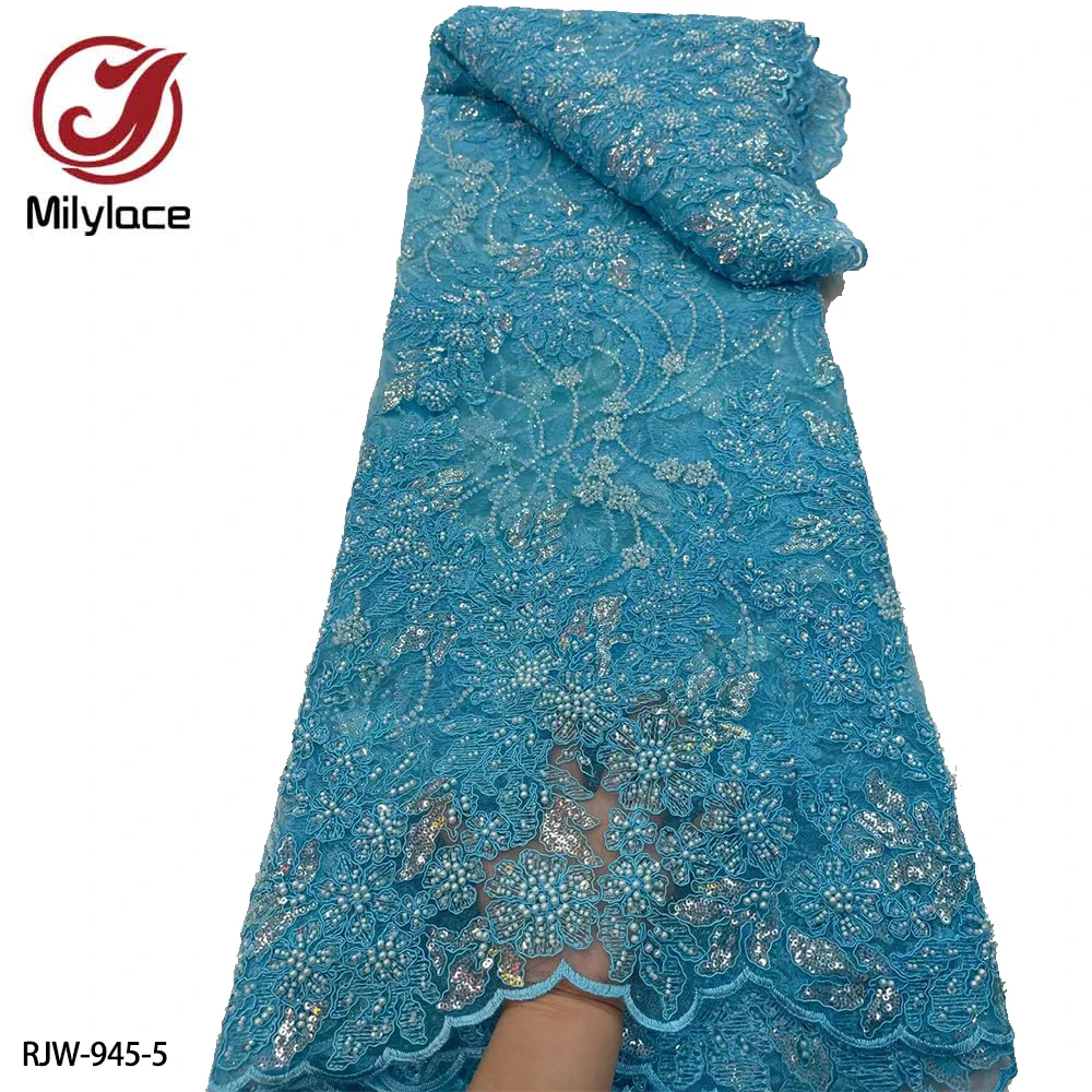 

Luxury High Quality Nigerian Lace Fabric Embroidery French African Lace Fabric with Beaded & Sequins for Party Dress RJW-945