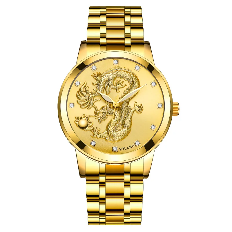 

Luxury Watches For Men Golden Stainless Steel Chinese Dragon Luminous Sculpture Quartz Wristwatches For Men Reloj Hombre Montre
