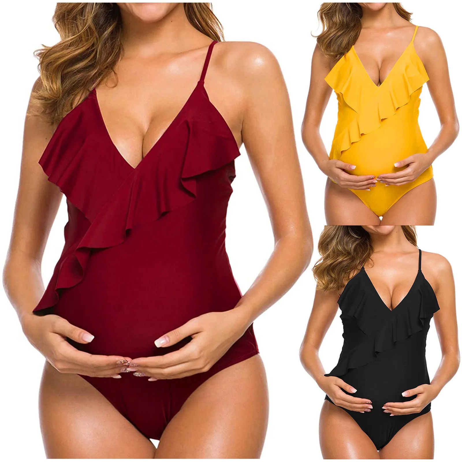 

Pregnant Swimsuit Woman Sexy Maternity Solid Backless Bikinis Falbala Ruffle Beachwear New Summer Women One-piece Swimming Suit