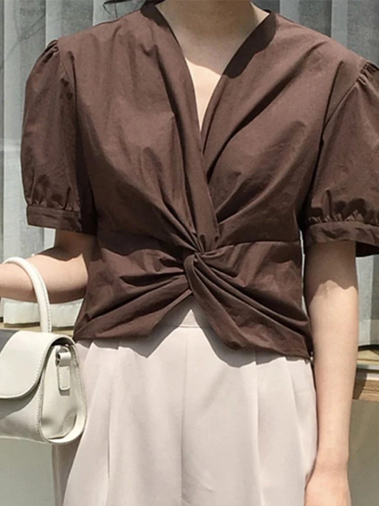 

VONDA Y2K Fashion Pleated Tunic Blouse Tops Women Short Puff Sleeve V Neck Chemise Casual Solid Blusas Shirt Femininas Oversize